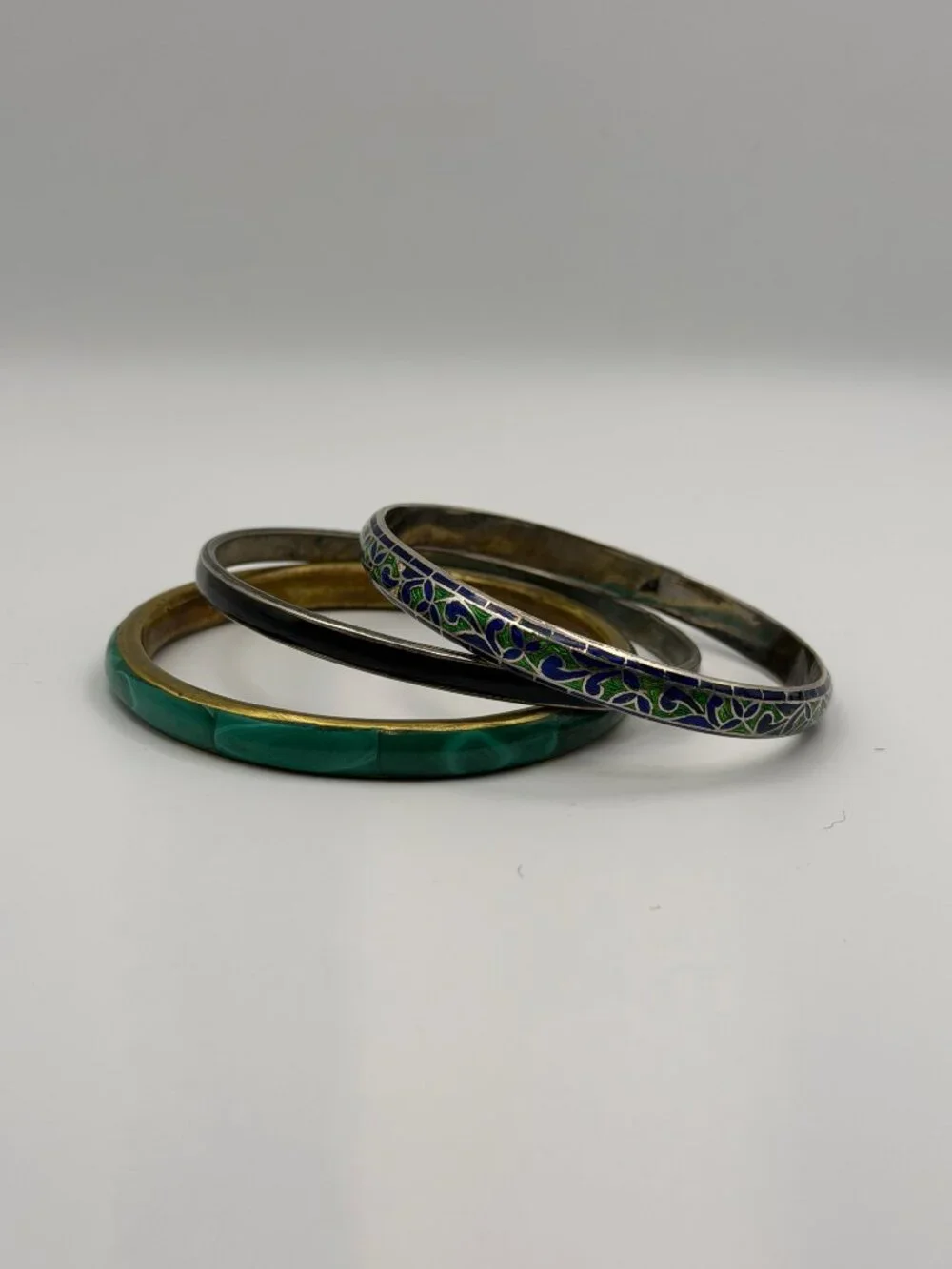 Vintage Mixed Bangle Stack Set Lot of 3 Boho Cloisonne Faux Malachite